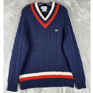 VTG IZOD Lacoste Men's V Neck Cable Knit Sweater Blue Red White Trim XL